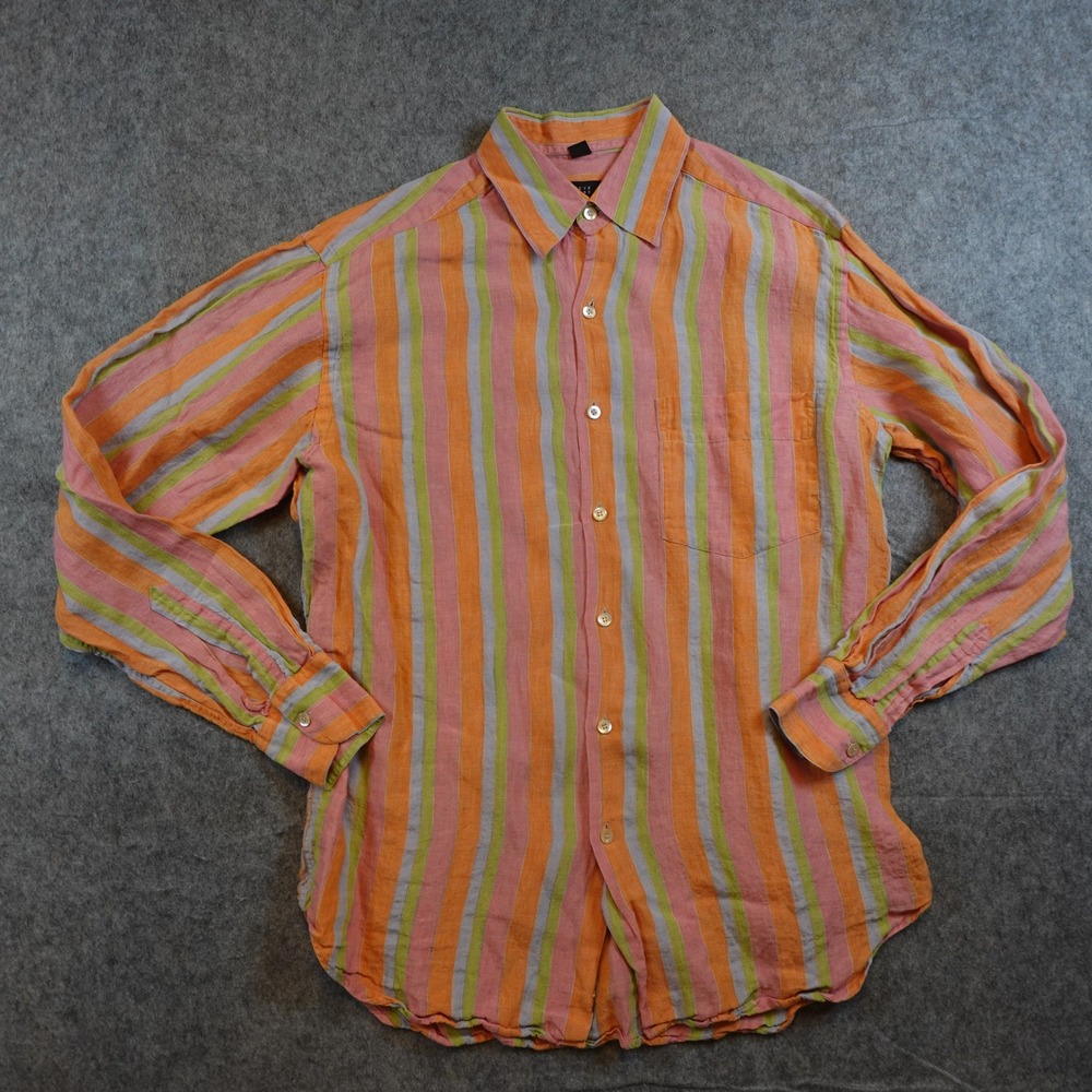 Barneys New York Shirt Mens Medium Orange Striped Linen Long Sleeve Button Down